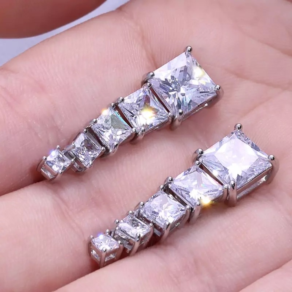 3.79Ct+ Emerald Cut Square Austrian Crystal VVS Simulated Diamond Studs Earrings